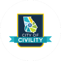 A logo with an outline of Georgia, colorful segments, and a blue circle above the text "City of Civility" on a blue background with a blue ribbon.