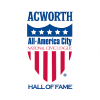 Logo of Acworth, labeled "All-America City" by the National Civic League, featuring stars and stripes with "Hall of Fame" text.