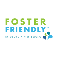 Logo with the text "Foster Friendly by Georgia Kids Belong" in green and blue, accompanied by a graphic of abstract human figures forming a heart shape.