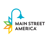 Logo for Main Street America featuring a streetlamp design with colorful geometric shapes on the left.