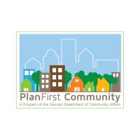 Logo with a cityscape and trees, text reads: "PlanFirst Community, A Program of the Georgia Department of Community Affairs.