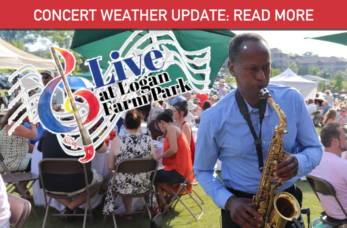 Outdoor concert at Logan Farm Park with a saxophonist performing in the foreground and a seated audience in the background. Red banner reads: "Concert Weather Update: Read More." Experience live events at Logan Farm Park.