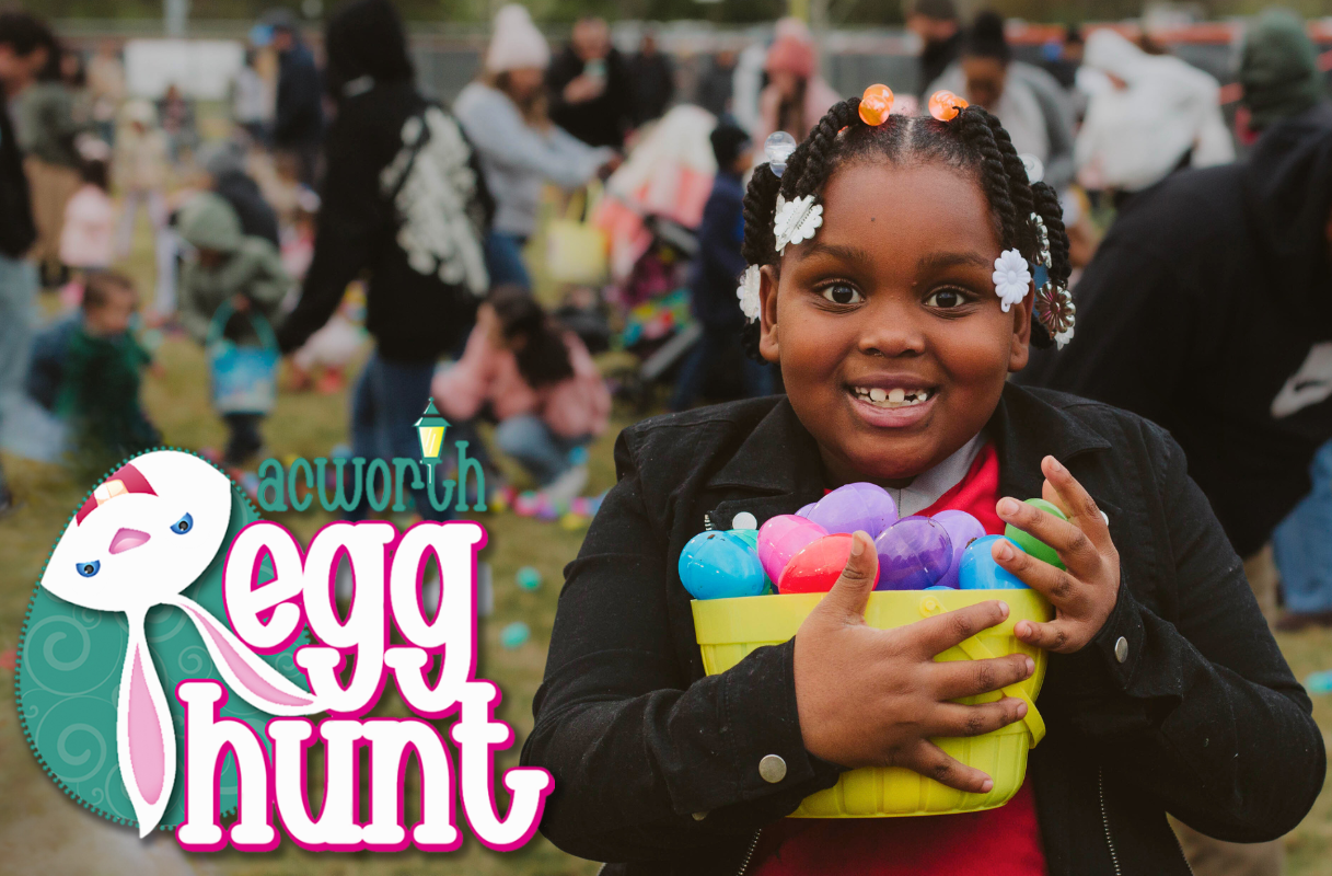 Image Smiling Girl with Basket Full of Eggs at Acworth Egg Hunt