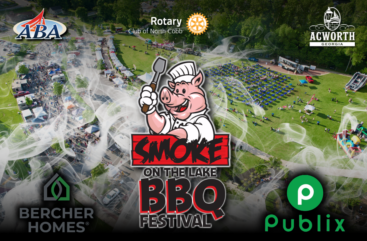 Drone aerial view of the Smoke on the Lake BBQ Festival featuring a cartoon pig logo. Logos of sponsors such as ABA, Bercher Homes, Publix, and more are overlaid on the image.