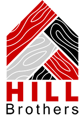 Abstract house shape design with red, black, and gray wood patterns. Text below reads "Hill Brothers.