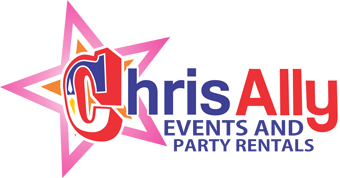 Logo of ChrisAlly Events and Party Rental featuring a stylized "C" with a starburst background. The "Chris" part is in blue, and "Ally" is in red.