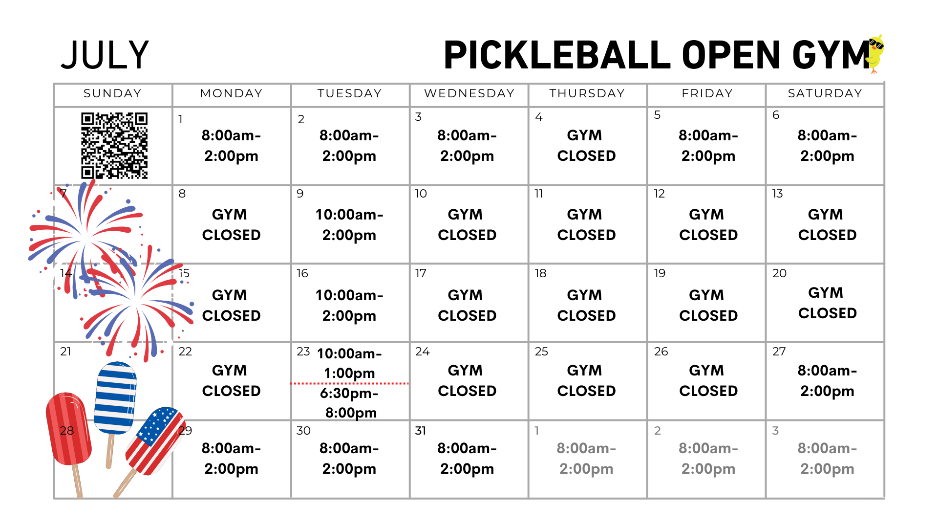 City of Acworth Pickleball Open Play Schedule for July