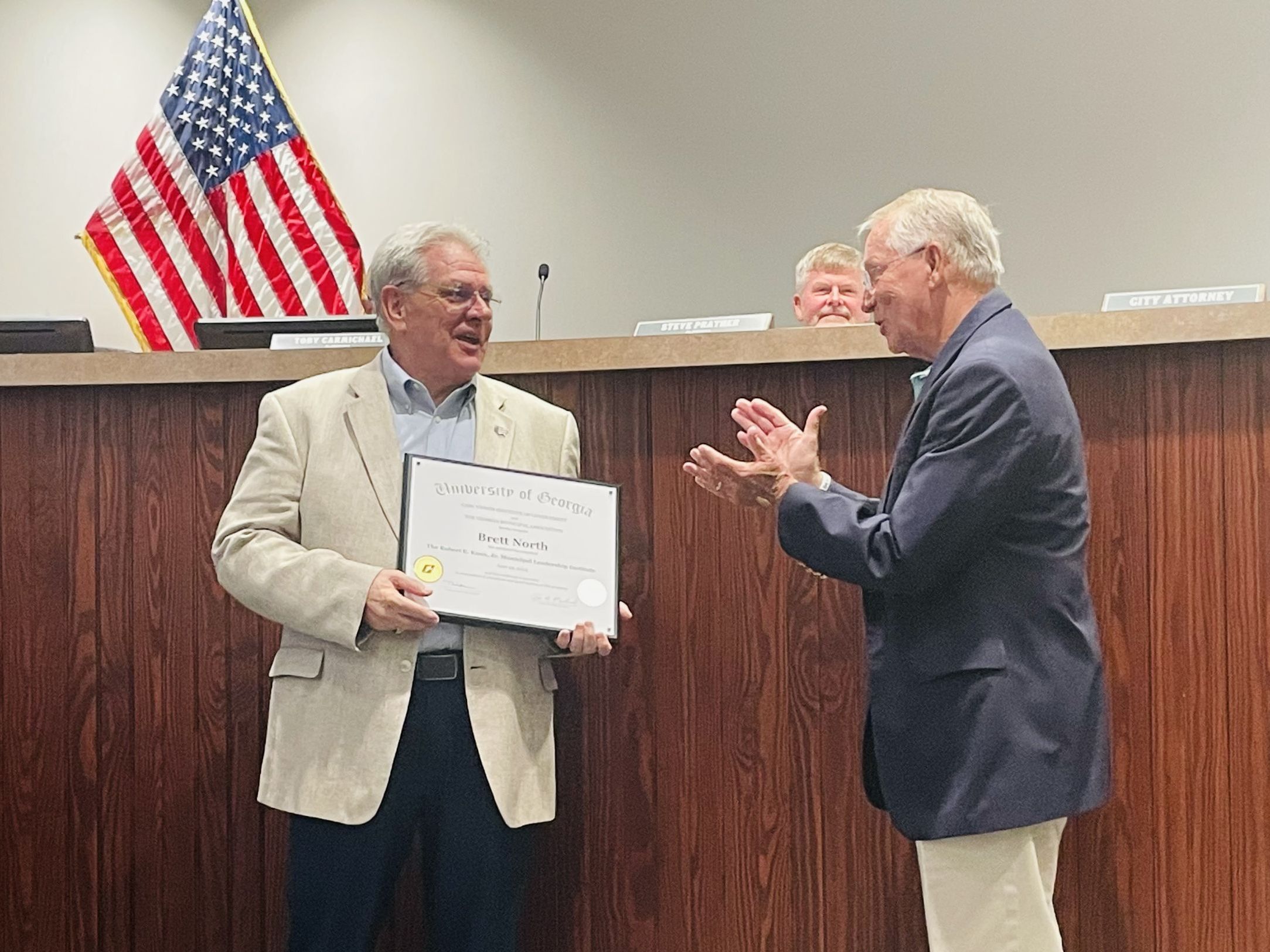 Image Mayor Tommy Allegood recognizing Alderman Brett North at Acworth City Council Meeting