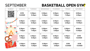 A calendar for September detailing the Basketball Open Gym schedule. Different time slots are available each day, with closures on the 4th, 25th, and every Sunday. Decorative graphics adorn each weekend.