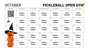 October calendar for a pickleball open gym, showing availability from 8:00am to 2:00pm on weekdays and gym closures on weekends. Halloween-themed graphics present.