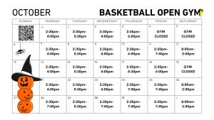 Calendar for October labeled "Basketball Open Gym" with hours for each day. Decorative Halloween graphics, including jack-o'-lanterns and a witch hat, are included. QR code in the corner.