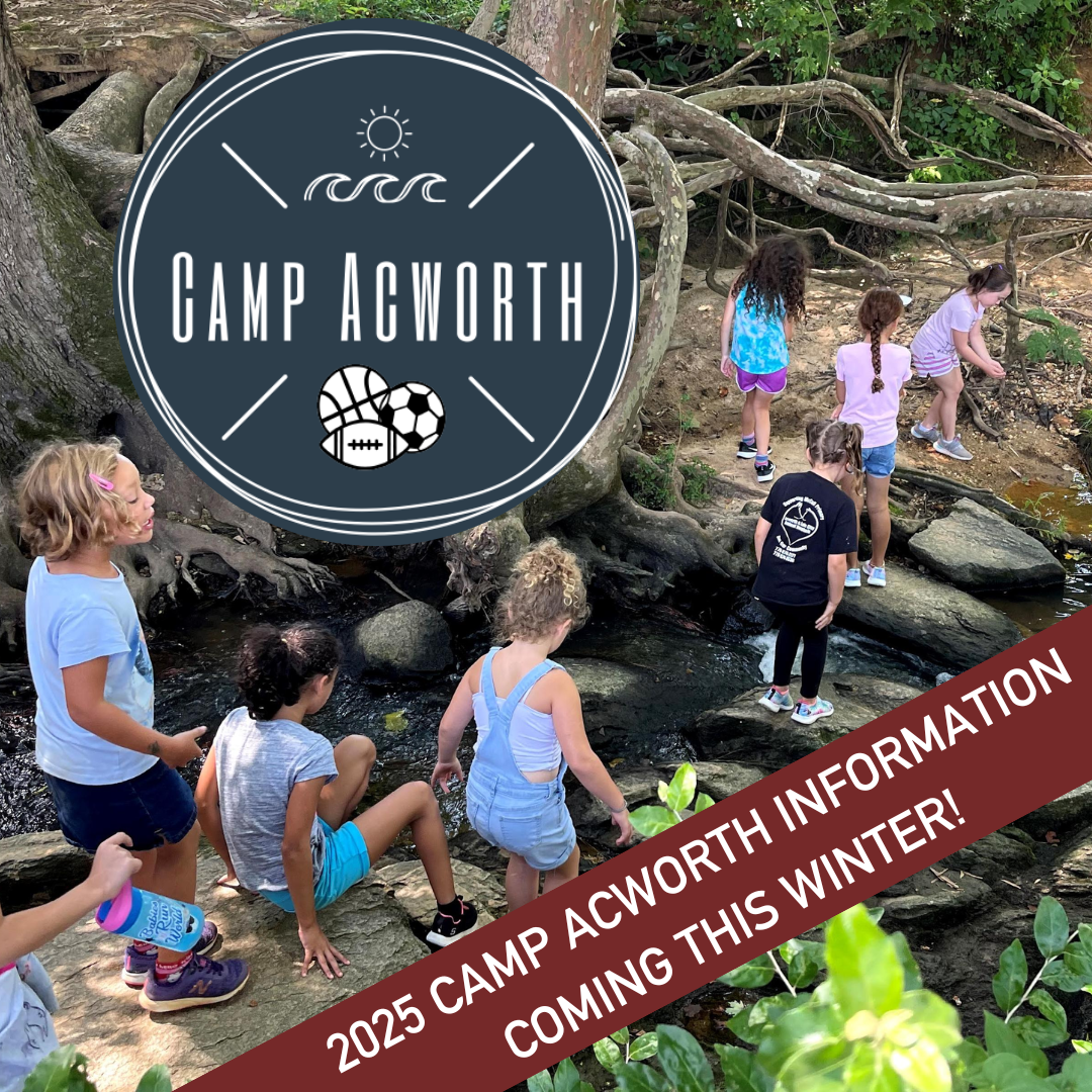 Children explore a rocky stream under trees, with a "Camp Acworth" logo and text announcing "2025 Camp Acworth information coming this winter!.