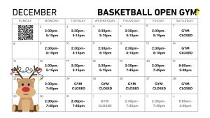 December open gym schedule with times listed for weekdays. Gym closed on December 25th and 29th. Reindeer graphic on the left.