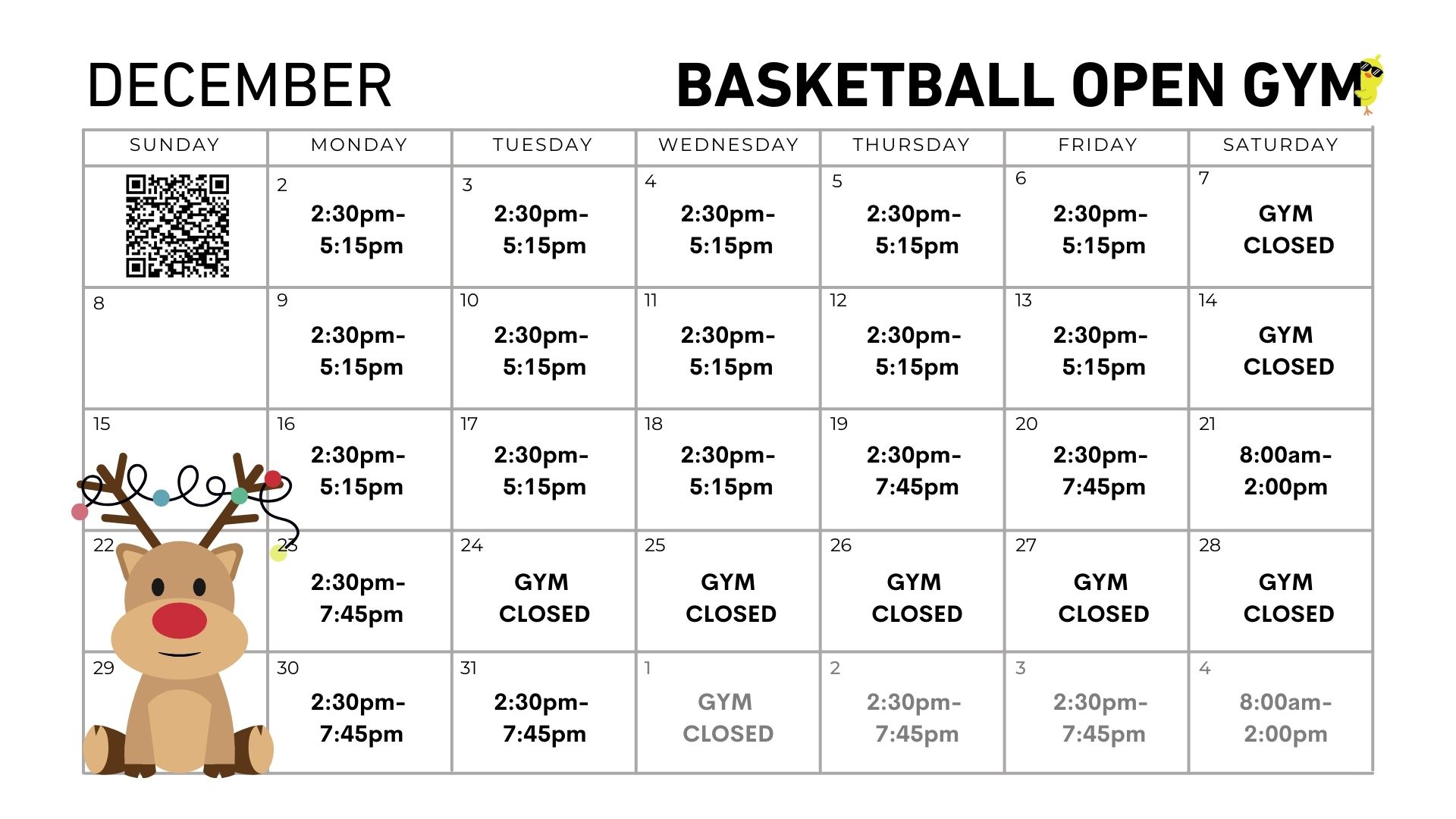 December open gym schedule with times listed for weekdays. Gym closed on December 25th and 29th. Reindeer graphic on the left.