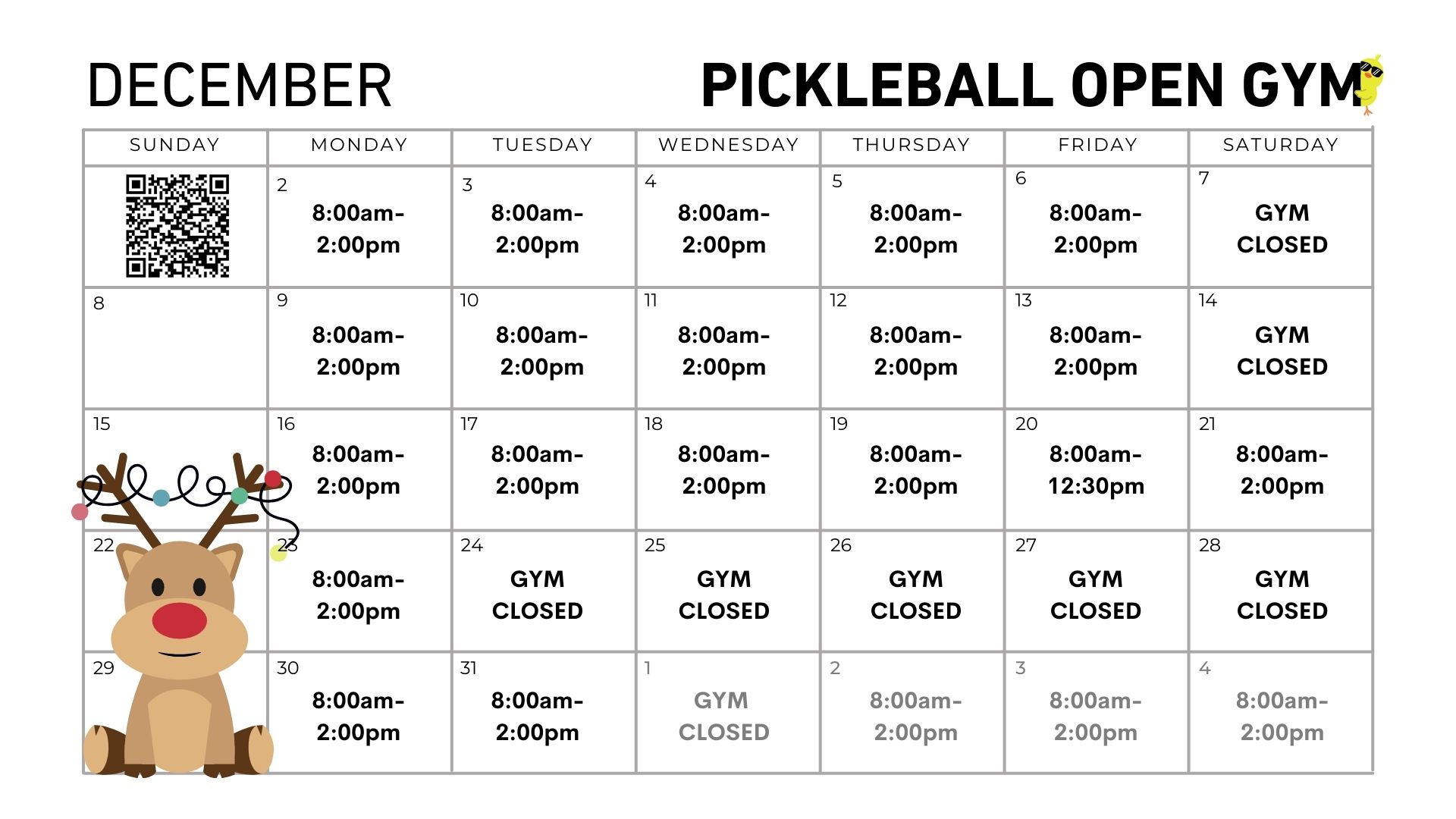 December pickleball open gym schedule with times from 8:00am-2:00pm on specific days, and gym closed on December 23, 24, 25, and 30, 31. Reindeer illustration included.