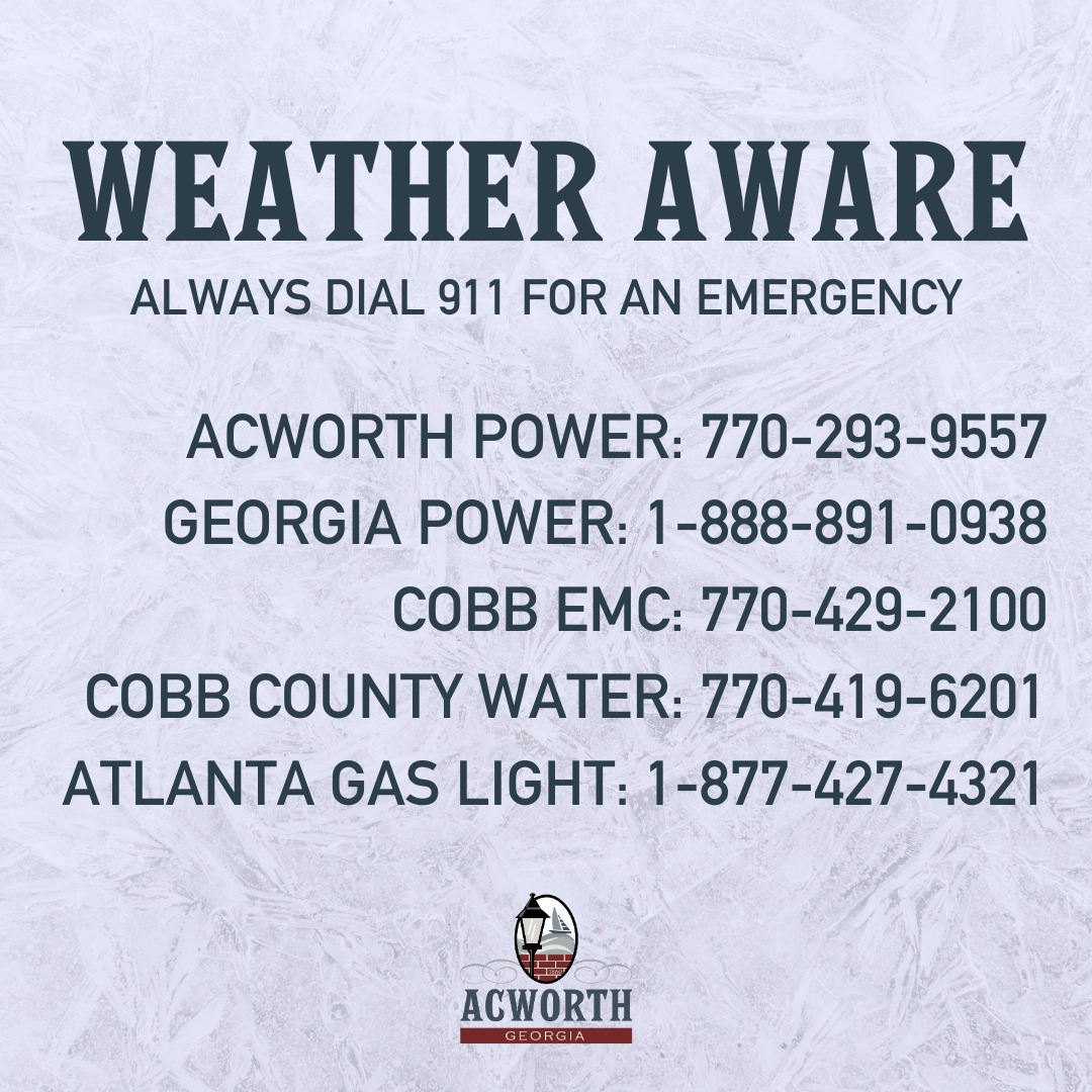 Weather Aware contact list with emergency numbers for Acworth Power, Georgia Power, Cobb EMC, Cobb County Water, and Atlanta Gas Light, plus reminder to dial 911 for emergencies.