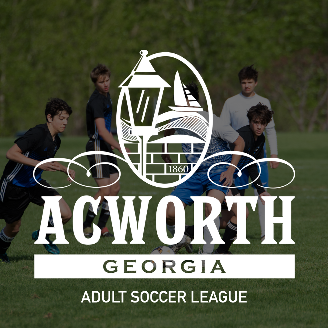 Five young men play soccer on a grassy field with trees in the background. "Acworth Georgia Adult Soccer League" and a city logo are overlaid on the image.