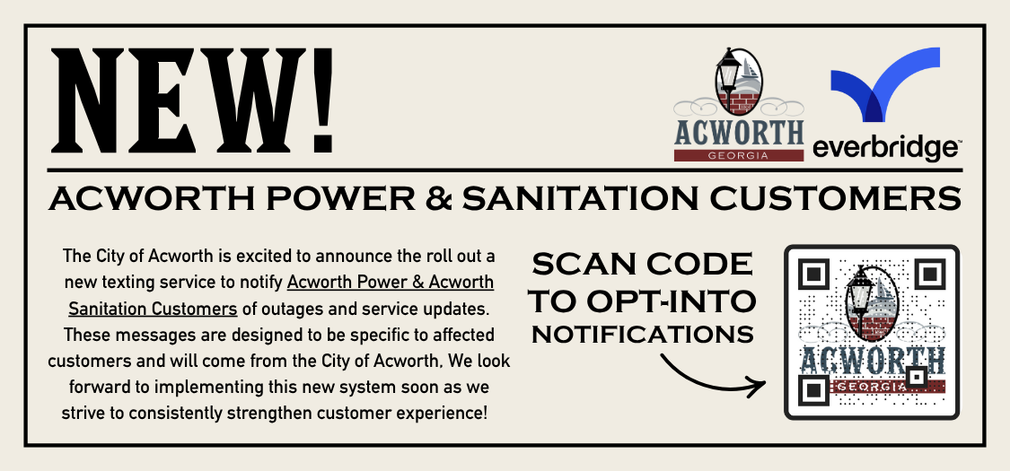 Informational flyer announcing a new notification service for Acworth Power & Sanitation customers, with a QR code to opt into Everbridge alerts.
