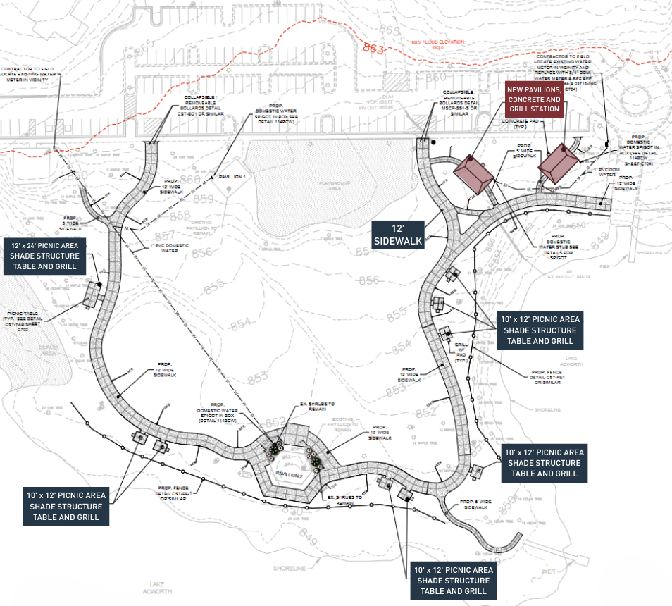 Site plan showing winding sidewalks, multiple picnic areas with shade structures and grills, and two new pavilions with a concrete grill station near a parking area. Site plan showing winding sidewalks, multiple picnic areas with shade structures and grills, and two new pavilions with a concrete grill station near a parking area.