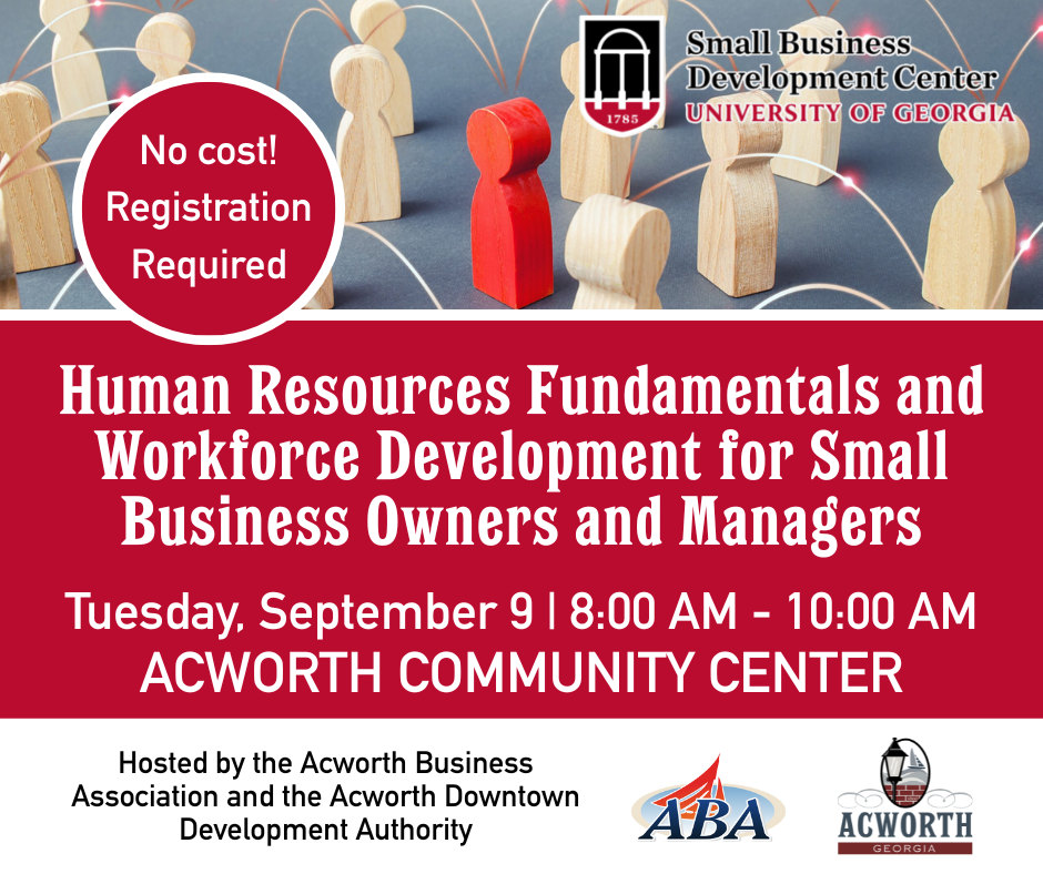 Event flyer for a human resources fundamentals workshop for small business owners, on September 9, 8-10 AM at Acworth Community Center; no cost, registration required.