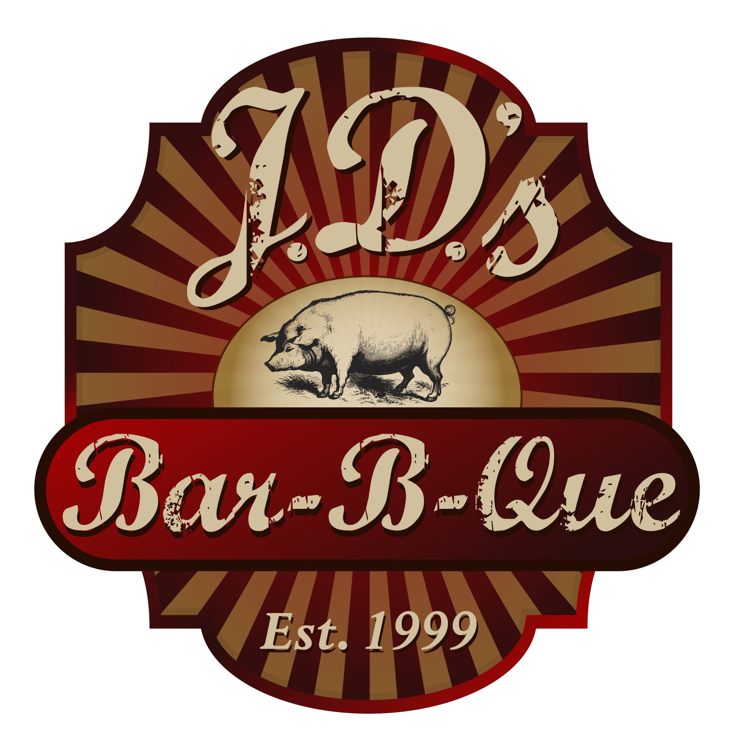 Logo for J.D.'s Bar-B-Que featuring a pig illustration, red and brown rays, and the text "Est. 1999.