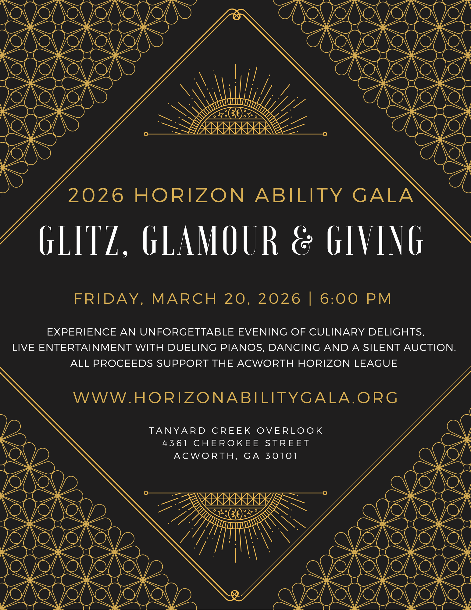 Event invitation for the 2026 Horizon Ability Gala, titled "Glitz, Glamour & Giving," scheduled for March 20, 2026, with event details and website in gold on a black background.