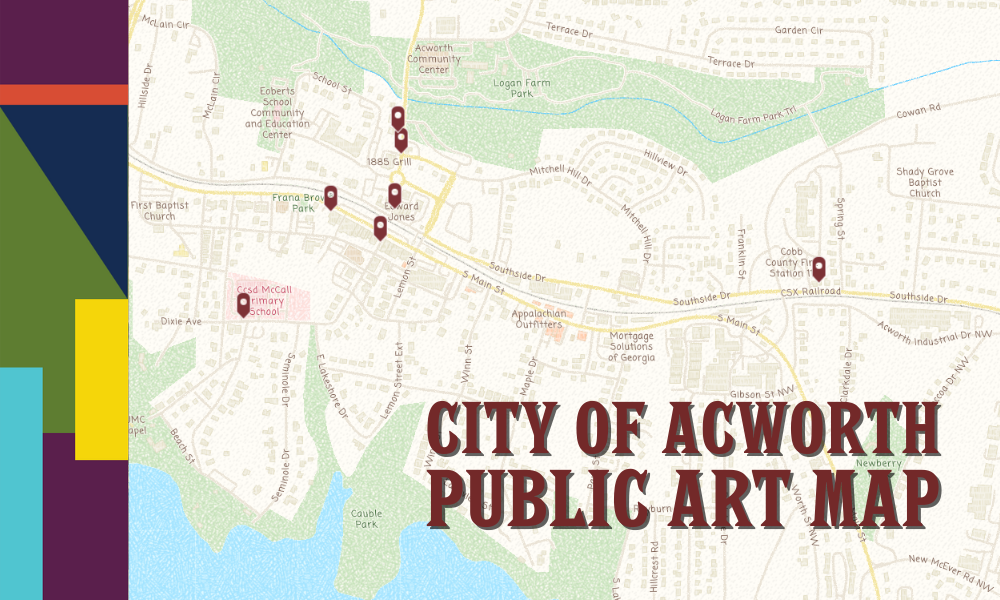 Map of Acworth, Georgia, highlighting locations of public art installations as outlined in the Public Art Master Plan, titled "City of Acworth Public Art Map" in bold text.