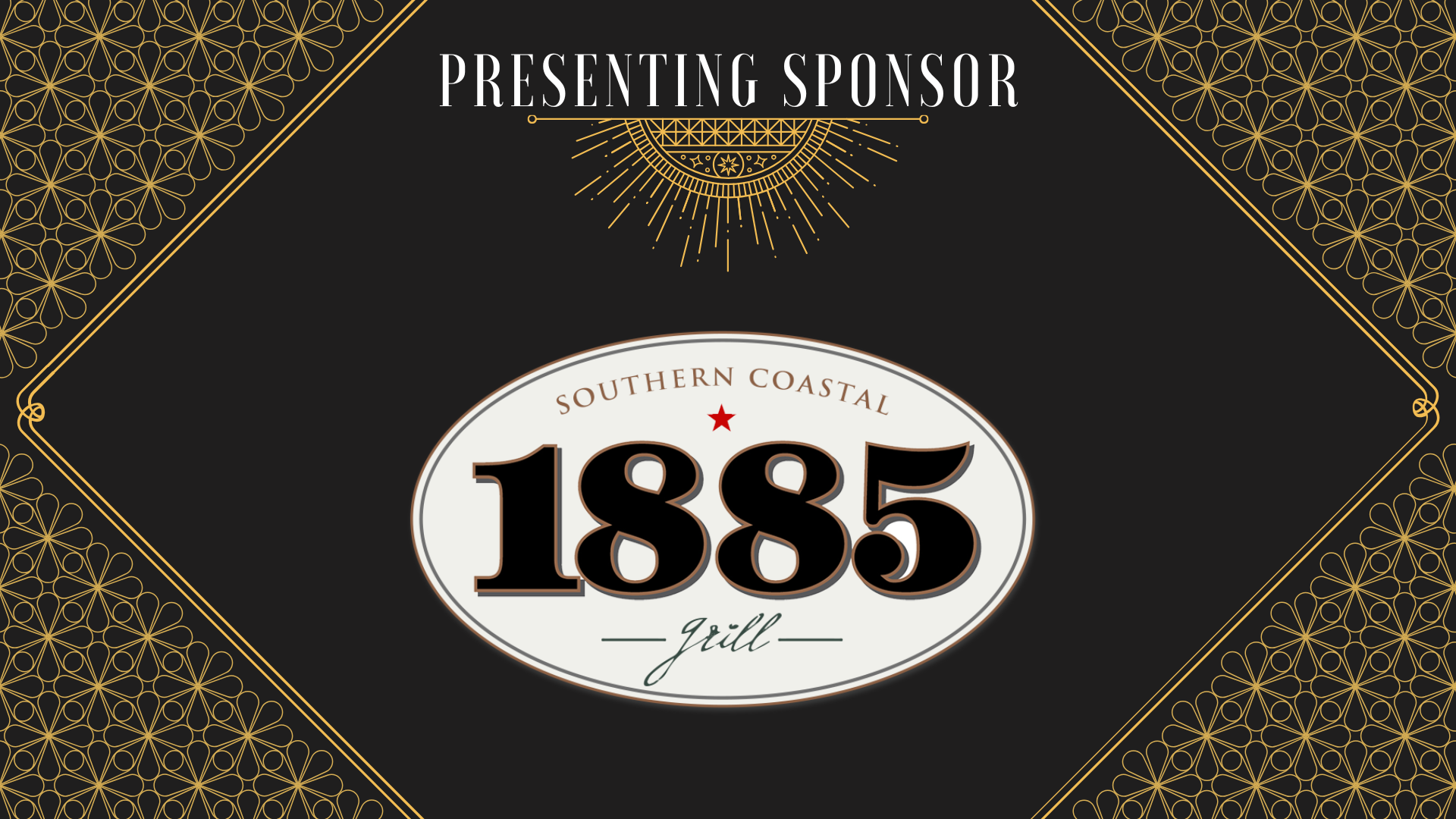 A graphic with gold decorative accents displays "Presenting Sponsor" above the Horizon Gala logo for Southern Coastal 1885 Grill on a black background.