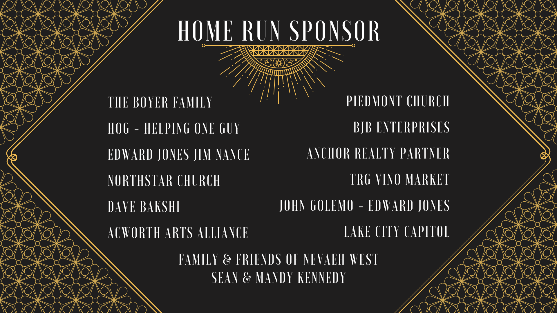 A black and gold graphic labeled "Home Run Sponsor" lists sponsor names, including families, businesses, and organizations, for the Horizon Gala on a decorative geometric background.