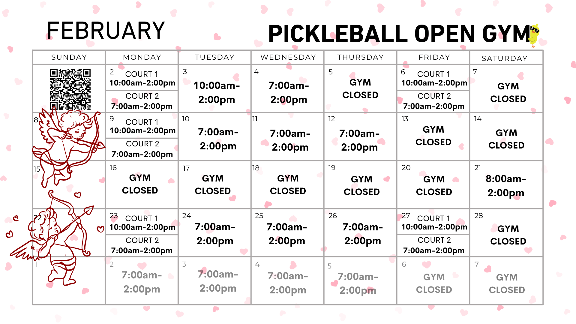 February Open Play Schedule for Pickleball Open Gym, featuring daily court hours and days marked "Gym Closed." Cupid illustrations add a festive touch to the calendar.