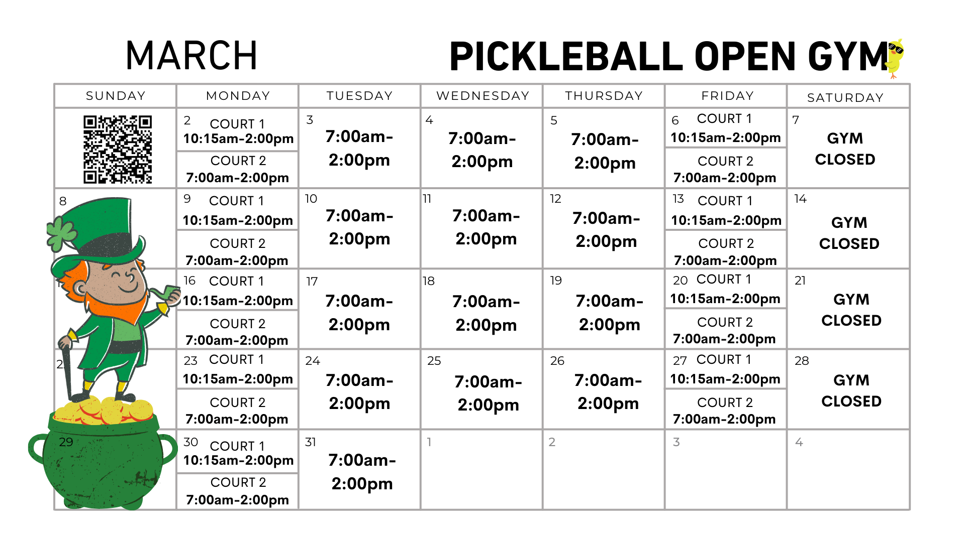 March Open Play Schedule for Pickleball Open Gym featuring two court calendars, gym closures on Saturdays, and a festive St. Patrick's Day illustration with a leprechaun and pot of gold on the left.