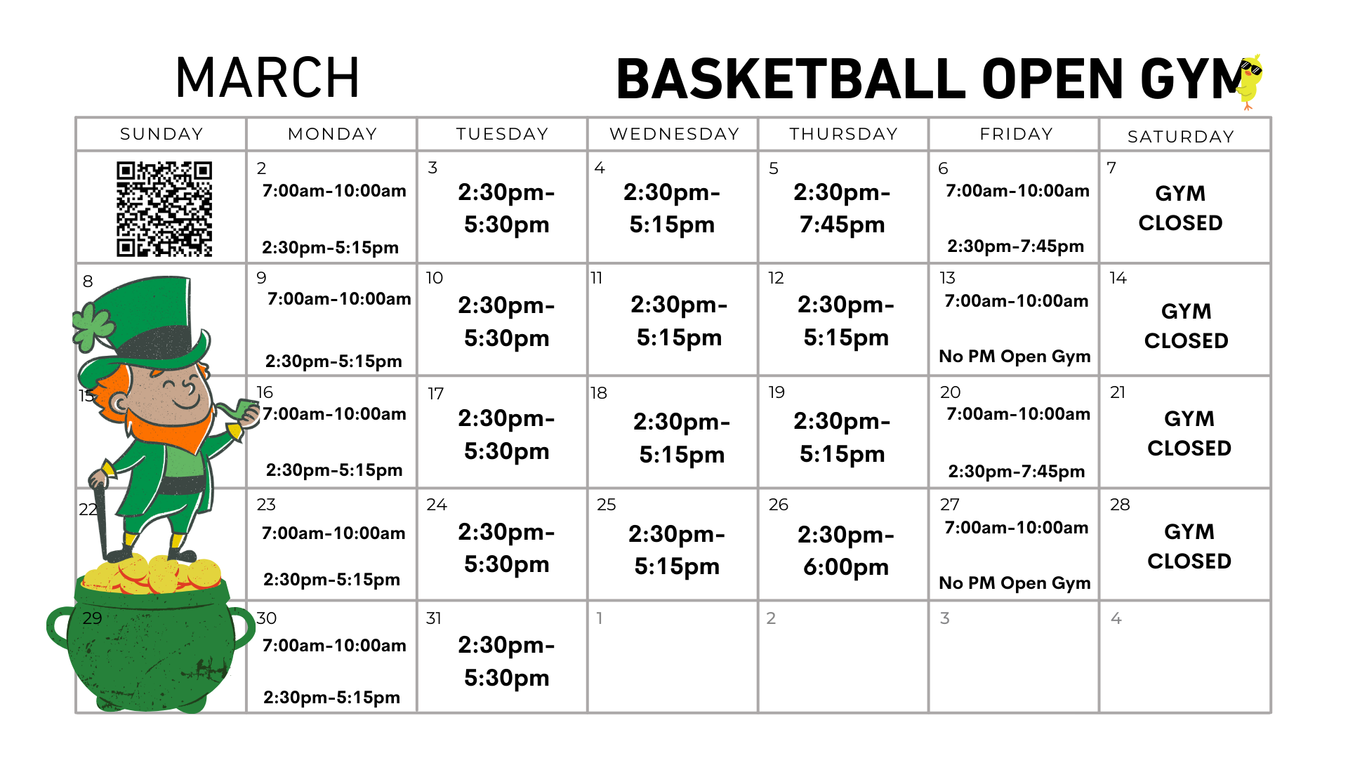 March Open Play Schedule for basketball: gym closed Fridays after 5:15pm and all Saturdays. Illustration of a leprechaun and pot of gold on the left.