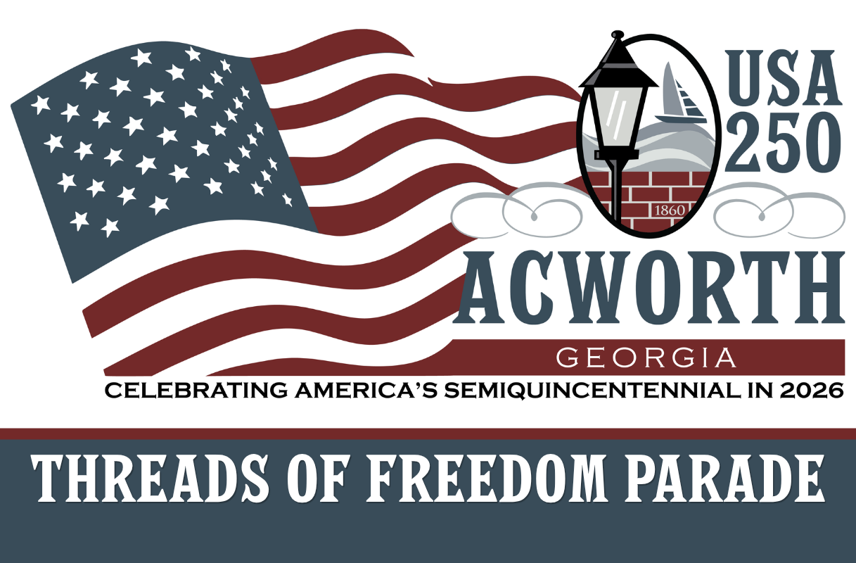 Logo for Acworth, Georgia’s Threads of Freedom Parade, featuring a waving American flag and lamp post, marking the USA 250th anniversary celebration in 2026.