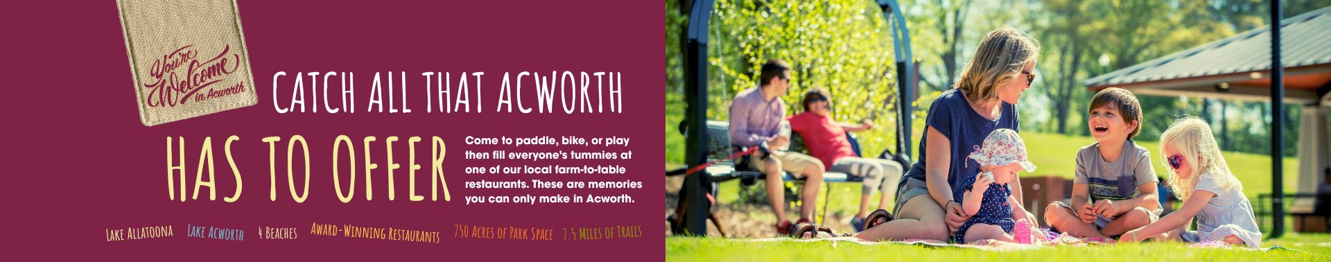 A family sits on the grass in a park near a playground, enjoying a sunny day; text promotes Acworth’s outdoor activities and local dining.