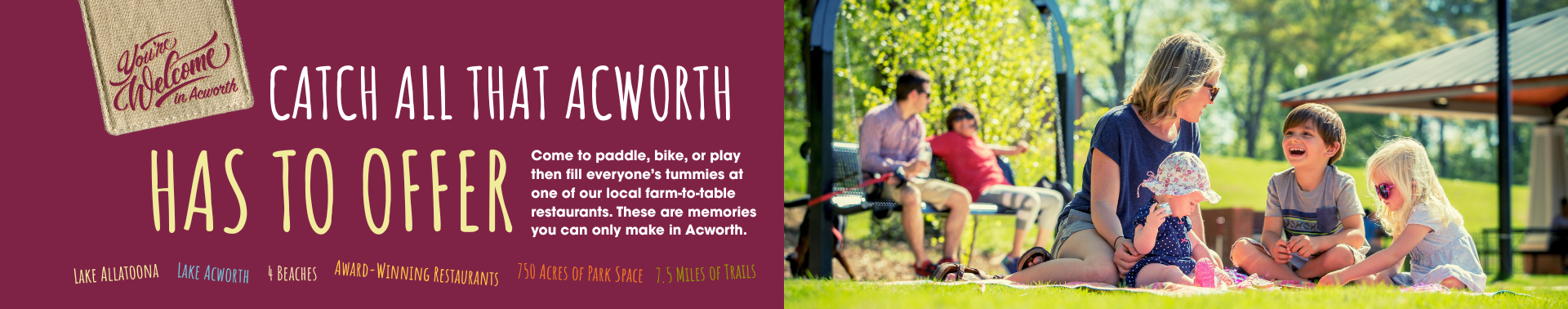 Group of people sitting on the grass in a park on a sunny day, with the text promoting outdoor activities and restaurants in Acworth.